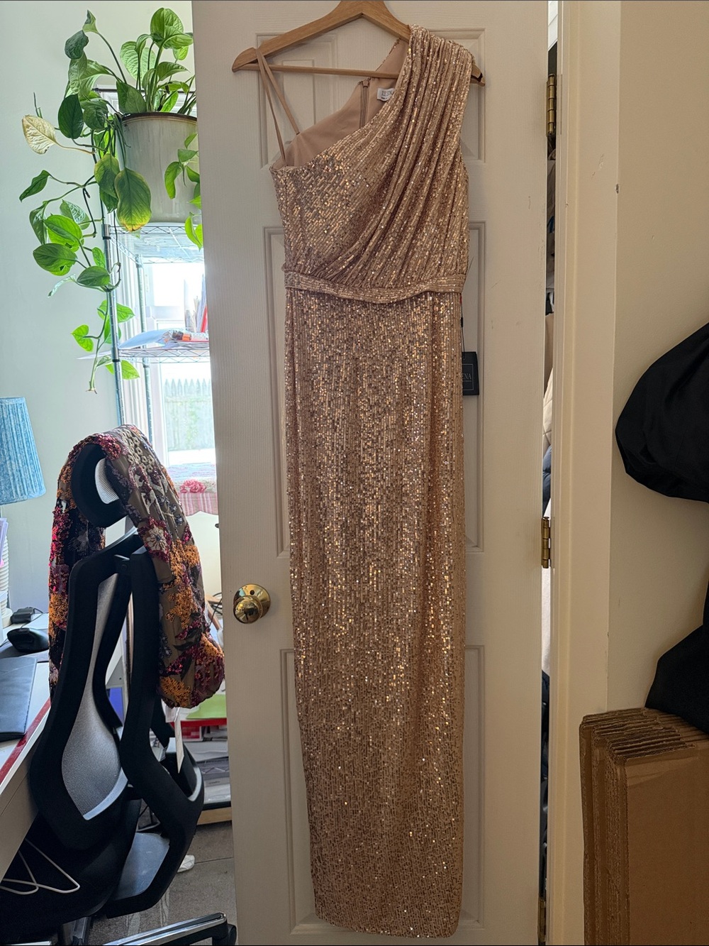 Gold Sequin One-Shoulder Evening Dress - Elegant Home Accents